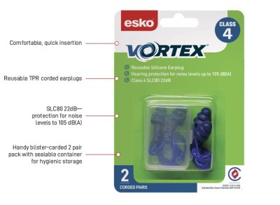 ESKO VORTEX EARPLUGS BLUE CORDED 2 PACK