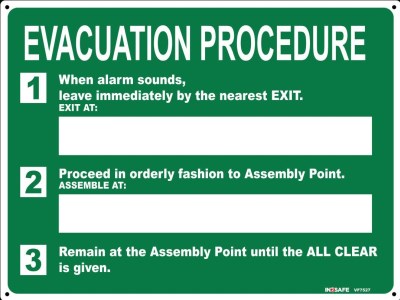 EVACUATION PROCEDURE SIGN 300 X 225 PVC