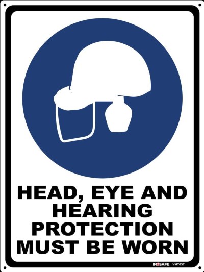 HEAD EYE AND HEARING PROTECTION MUST BE WORN SIGN 225 X 300